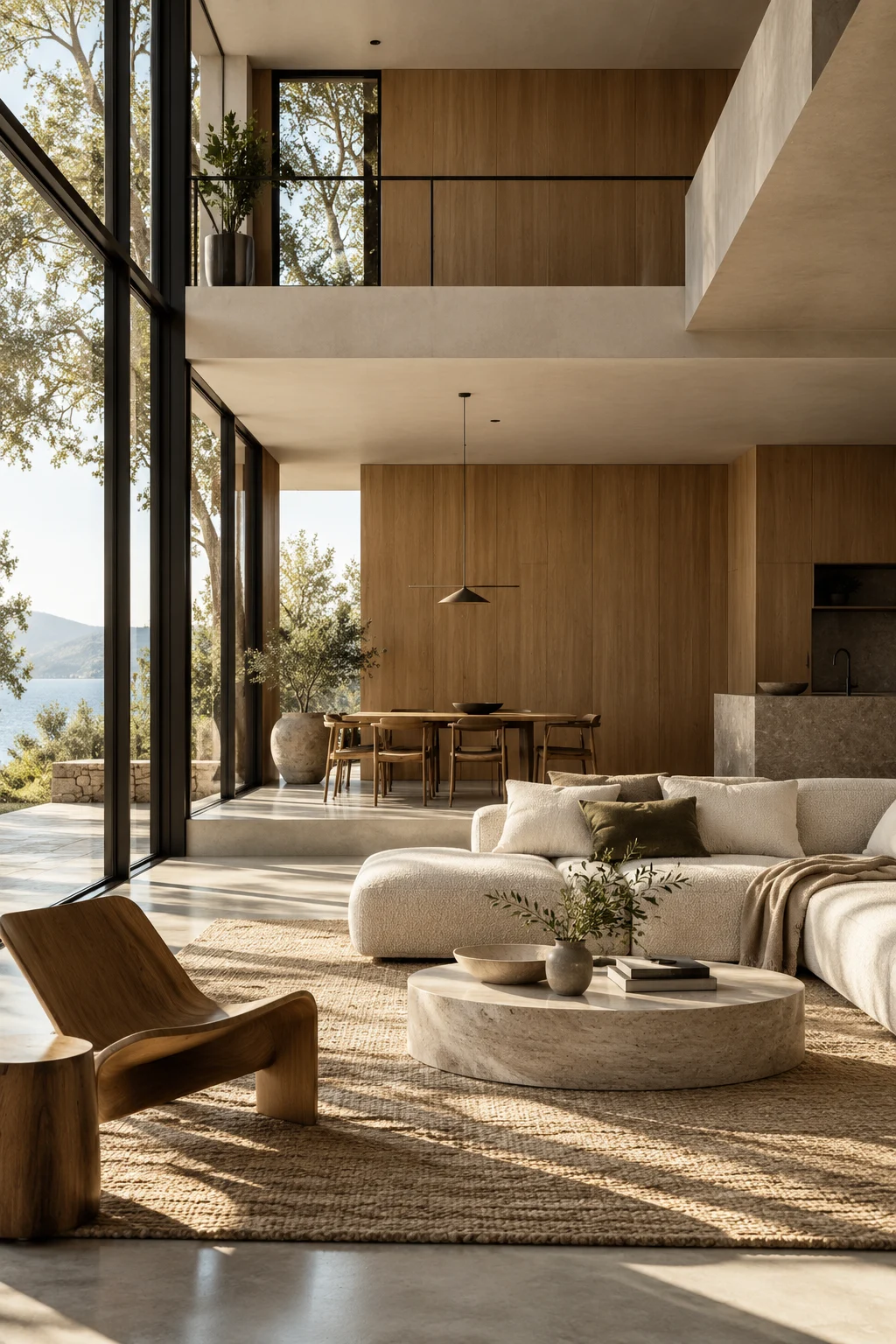 Illustration of an open-plan living space with timber panelling, a large window and a low sofa