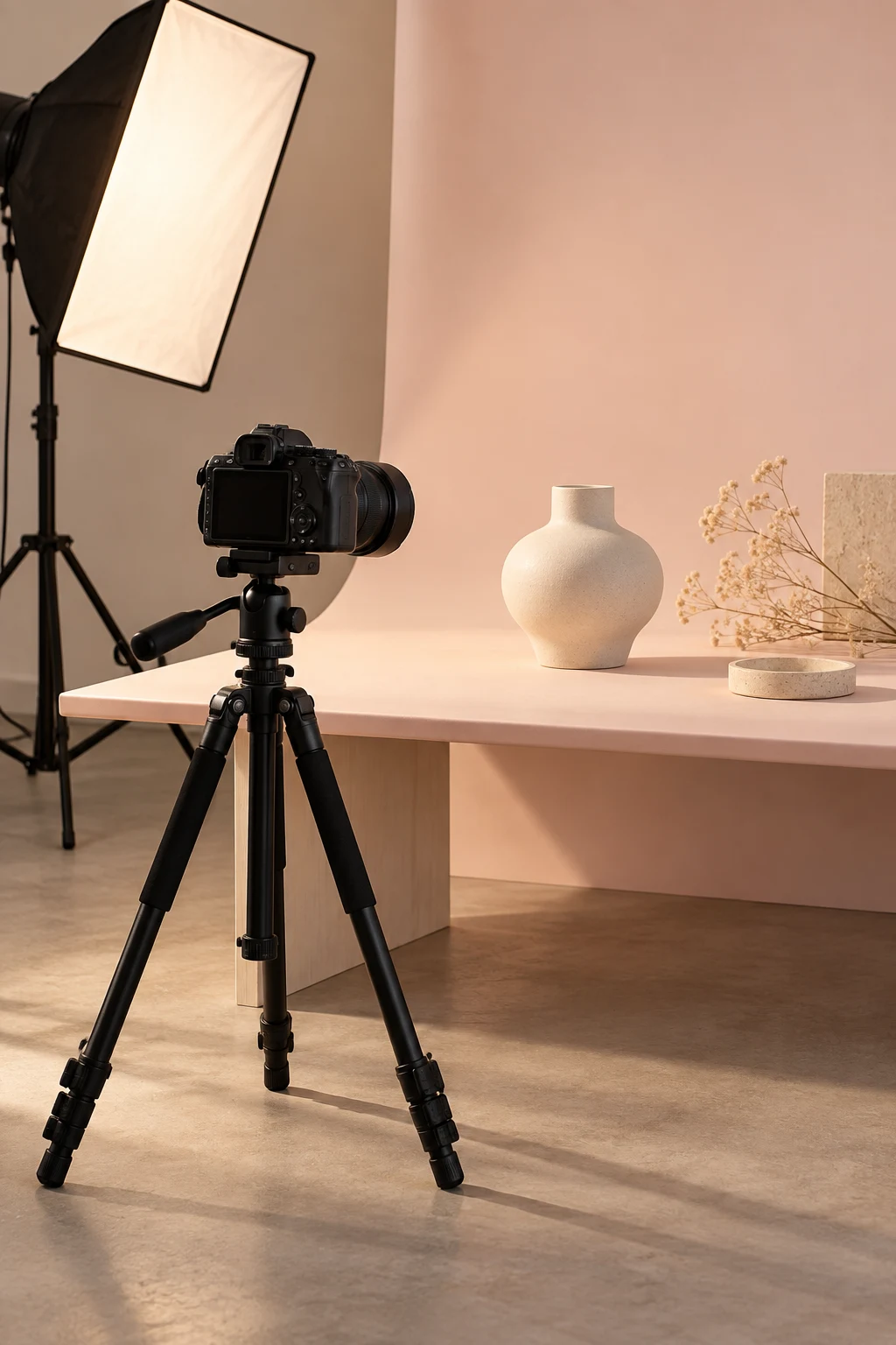 Illustration of a photography set-up: a camera on a tripod, a softbox and a pink backdrop