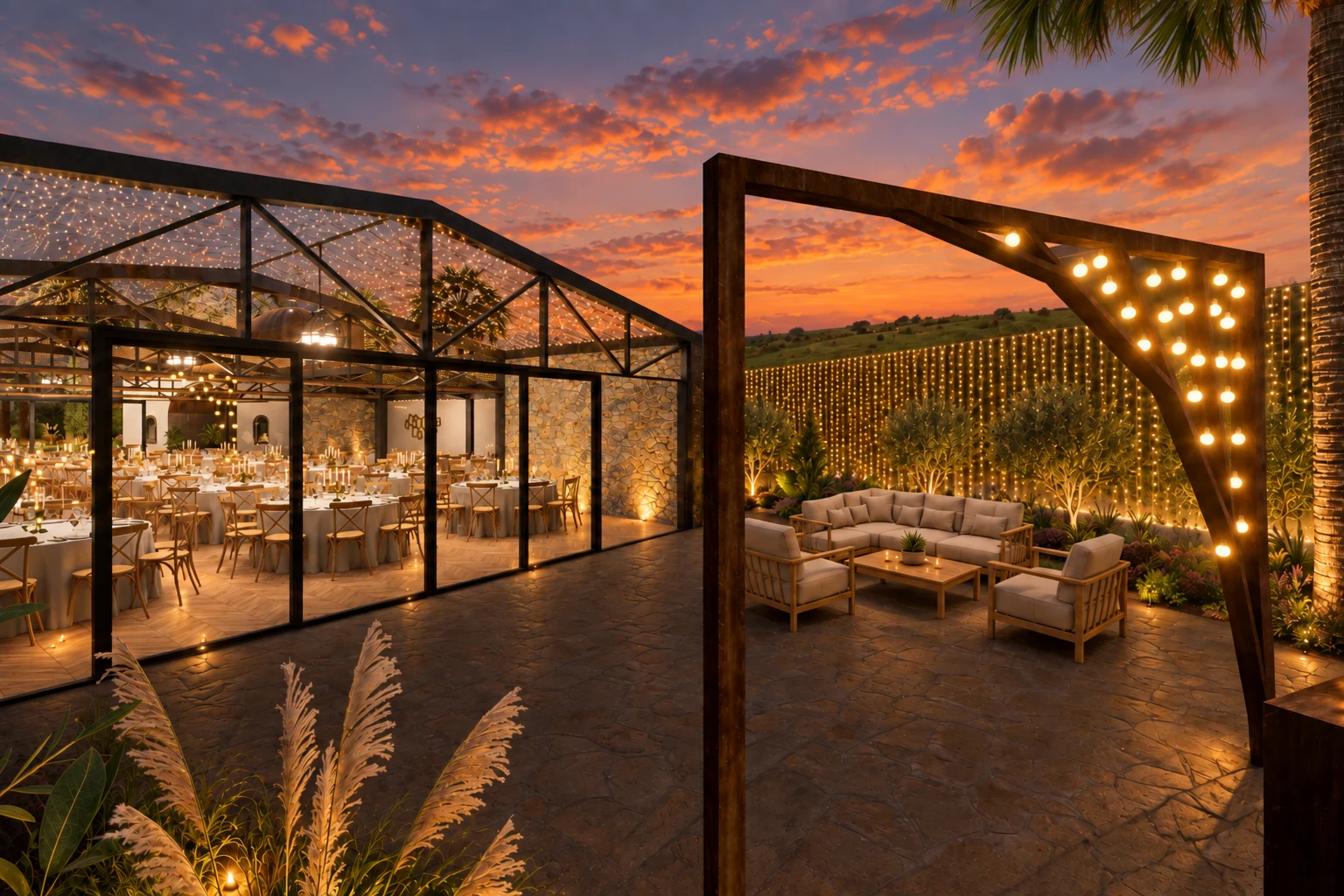 Design rendering of an event venue at dusk, with a covered terrace and lights